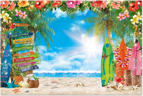 Vista 10 de Fondo de fotografía de playa hawaiana de verano de 7 x 5 pies, flores tropicales, hojas de palma, fondo de tabla de surf para Luau Aloha decoración