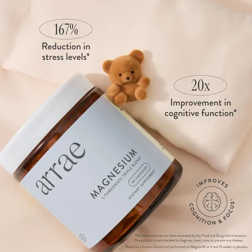 Vista 5 de Arrae Suplemento de magnesio, glicinato de magnesio, citrato y L-treonato, 250 mg, ayuda al estado de ánimo, sueño, nervios y músculos, 90 cápsulas