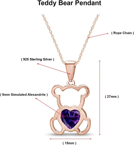 Vista 2 de Collar con colgante de oso de peluche con piedra natal para mujer Simulated Alexandrite