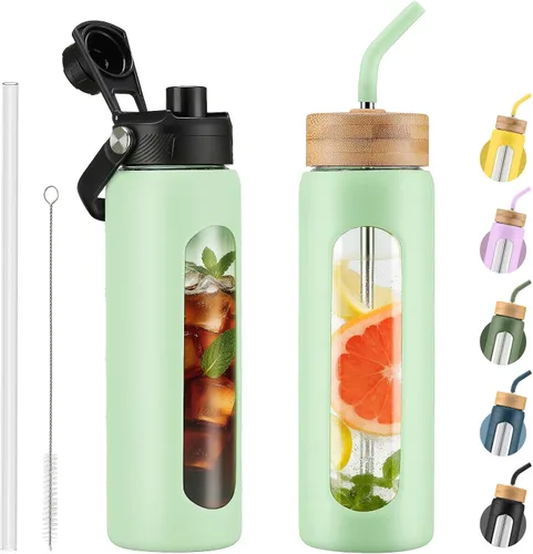 Vista 8 de Botella de agua Kodrine con pajita, botella de vidrio de 24 oz con 2 tapas, una de pajita de bambú y otra con pico y asa, botella de vidrio