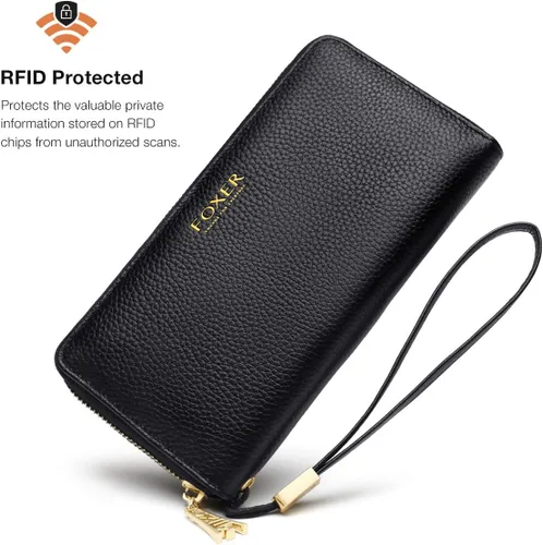 Vista 4 de FOXLOVER Carteras de cuero genuino para mujer, con bloqueo RFID, con cremallera, con pulsera
