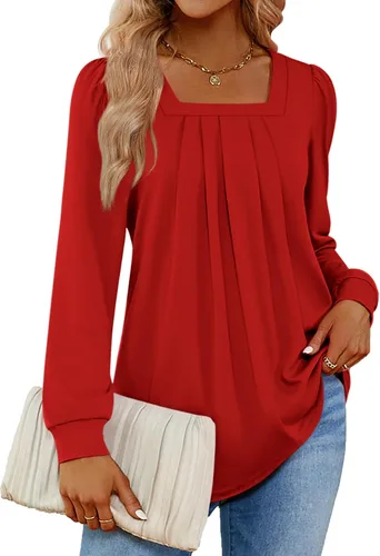 Vista 2 de Funlingo 2023 - Blusas de manga larga para mujer, estilo túnica, plisadas, con cuello cuadrado, estilo casual, holgadas