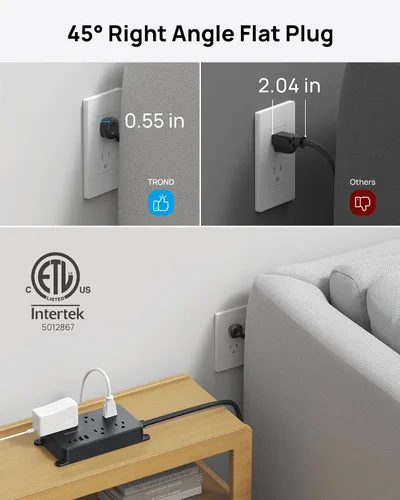 Vista 6 de TROND Regleta protectora contra sobretensiones, cable de extensión de 3 pies de enchufe plano, 5 tomas de corriente ampliamente espaciadas con 2 USB