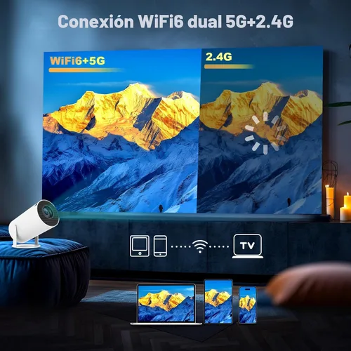 Vista 4 de Mini proyector, proyector portátil HY300 PRO, compatible con 4K 1080P con doble banda WIFI6 5G inalámbrico 5.2 Bluetooth Android 13, rotación