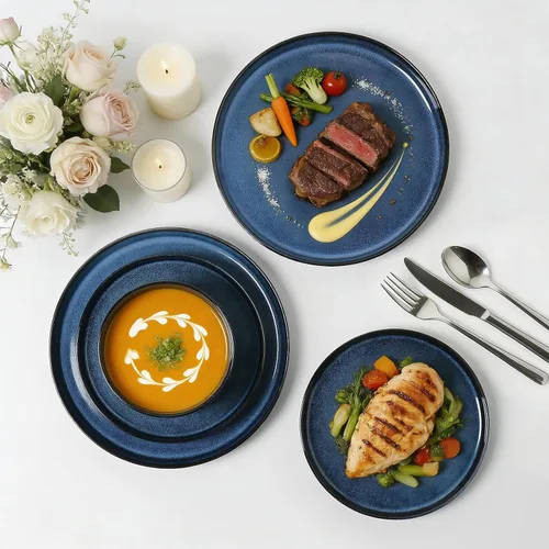 Vista 6 de Stoneware Dinnerware Sets for 4, 12Pcs Plates and Bowls Set, Midnight Blue