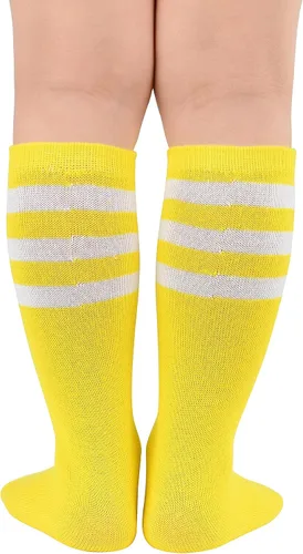 Vista 3 de Komorebi Calcetines de fútbol para niños, calcetines de tubo hasta la rodilla, calcetines de tres rayas de algodón, uniforme deportivo para niñas