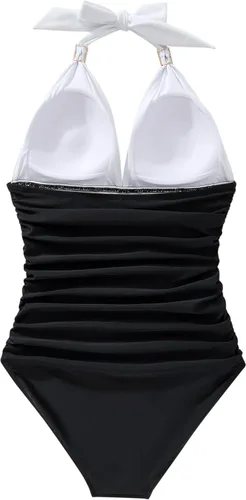 Vista 45 de RXRXCOCO - Traje de baño fruncido de una pieza, con cuello en V, para mujer, con control de abdomen y cuello halter