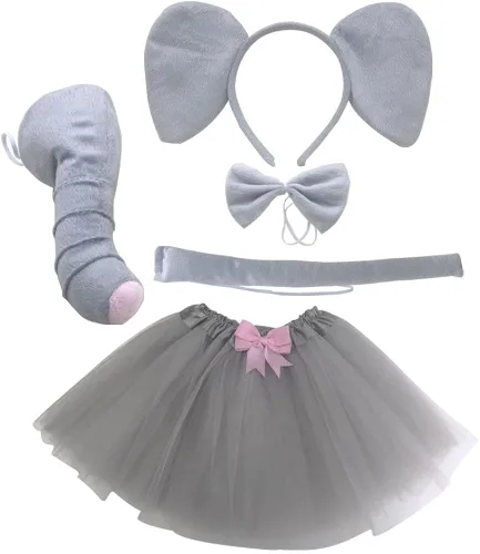 Vista 3 de Disfraz de elefante gris, diadema con orejas de nariz, coleta, corbatín y patas, falda tutú, kit de fantasía para Halloween, fiesta de cosplay