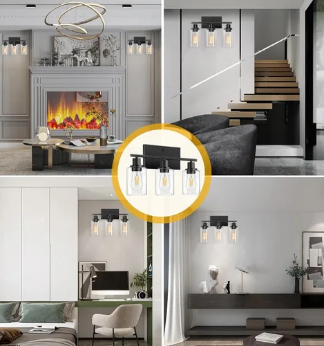 Vista 6 de Lámparas de baño, 3 luces, lámpara de tocador negra con pantalla de vidrio transparente, lámpara de pared moderna con marco de metal, lámparas