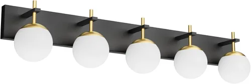 Vista 12 de Ralbay Lámpara de pared de baño negra mate, 2 luces, iluminación moderna de mediados de siglo, luz de tocador de globo de vidrio lechoso negro