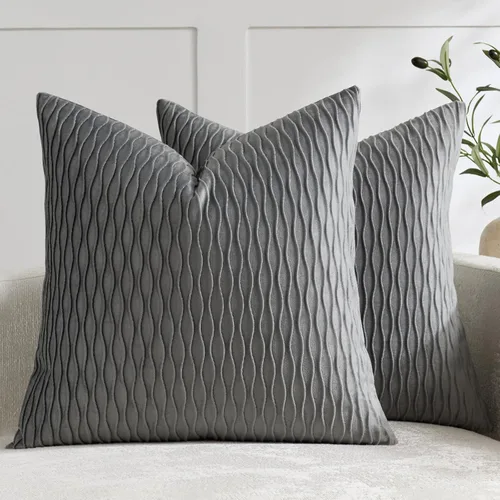Vista 21 de DEZENE Fundas de almohada para sofá color marfil blanco: pack de 2 fundas de almohada cuadradas de terciopelo a rayas originales de 16x16 pulgadas
