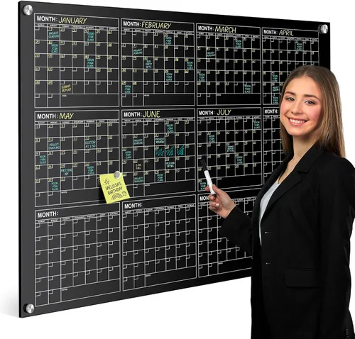 Vista 9 de Pizarra blanca magnética negra de vidrio de 34 x 46 pulgadas, calendario anual, pizarra blanca, calendario de borrado en seco para pared, pizarra