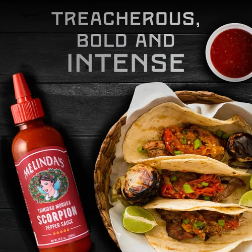 Vista 8 de Salsa picante de pimienta Escorpión de Melinda's - Salsa picante gourmet de Escorpión - Hecha con pimienta Trinidad Moruga, zanahorias, cebolla