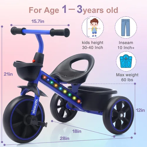 Vista 3 de Triciclo para niños con luces LED coloridas para niños pequeños de 1 a 3 años, diseño estable de 3 ruedas y canasta de almacenamiento para paseos