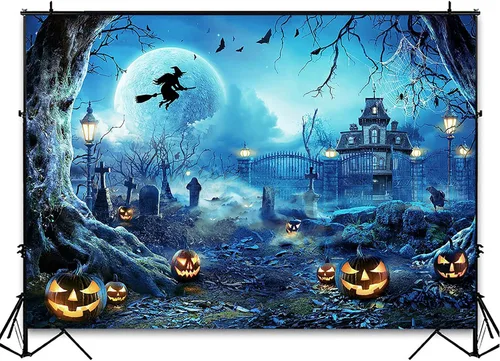 Vista 7 de Avezano Telón de fondo para fotografía de Halloween, luna llena, noche aterradora, castillo, calabazas, fondo de fiesta, espeluznante, bruja, Azul