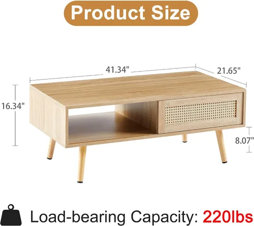 Vista 2 de Mid Century Modern Coffee Table with Storage, 41.3 Inch Rectangle Wooden Accent Center Tables with Sliding PE Rattan Woven Door Panel and Solid Wood