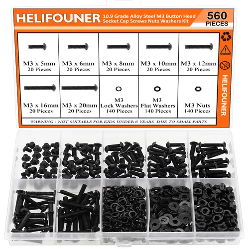 Vista 13 de HELIFOUNER 560 Piezas M2 x 4 mm / 6 mm / 8 mm / 10 mm / 12 mm / 16 mm / 20 mm, Kit de Tornillos de Cabeza de Botón con Arandelas y Tuercas, Acero