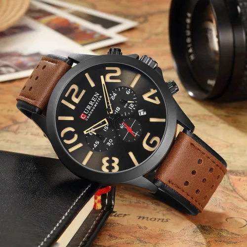 Vista 3 de Curren original para hombre reloj de piel 3esferas wrok 8244café negro y amarillo