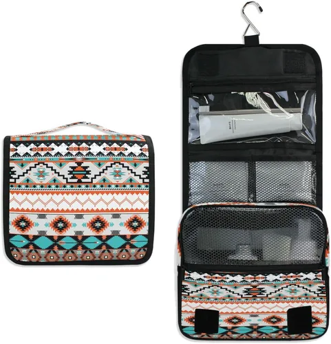 Vista 6 de Bolsa de aseo étnica azteca colgante, bolsa de cosméticos de viaje geométrica, bolsa organizadora de maquillaje, bolsa de lavado portátil con gancho