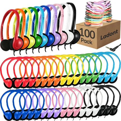 Vista 10 de Paquete de 10 auriculares para niños a granel para el aula escolar, auriculares multicolor con cable para estudiantes, auriculares ajustables