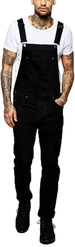 Vista 2 de Overoles de mezclilla desgastados para hombre con pechera de mezclilla para hombre, pantalones negros con tirantes