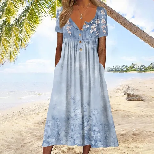 Vista 2 de Vestidos de playa bohemios florales para mujer, manga corta, cuello redondo, vestido de camiseta casual, vestidos de verano 2023 primavera verano