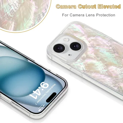 Vista 5 de Funda para iPhone fabricada con concha marina genuina única, duradera, impresionante hermosa, protección contra caídas, funda estética de lujo Beige
