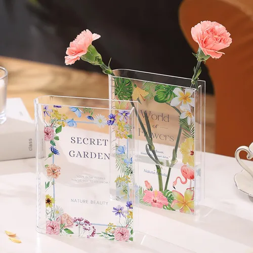 Vista 14 de Florero acrílico con forma de libro para flores, florero de libro, pequeños jarrones transparentes para el hogar, sala de estar, estantería