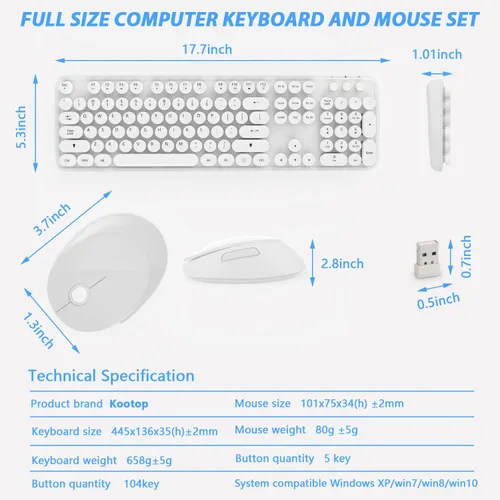 Vista 5 de Combo de teclado y mouse inalámbricos, teclado blanco lindo de 104 teclas con pad numérico y mouse para Windows, computadora, PC, portátil (blanco)