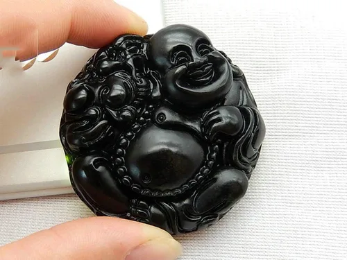 Vista 2 de Colgante de jade verde oscuro natural Pixiu con diseño de buda sonriente jade para hombres y mujeres