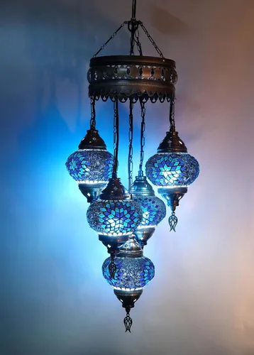 Vista 10 de Asylove Candelabros turcos de 5 globos, lámpara colgante de mosaico, iluminación de techo marroquí Art Deco de 5 globos, 5 pulgadas de altura total