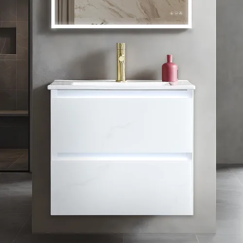 Vista 14 de Blossom Tocador de baño LED de 24 pulgadas – Tocador flotante montado en la pared con luces – 100% impermeable PVC de grado marino – Moderno