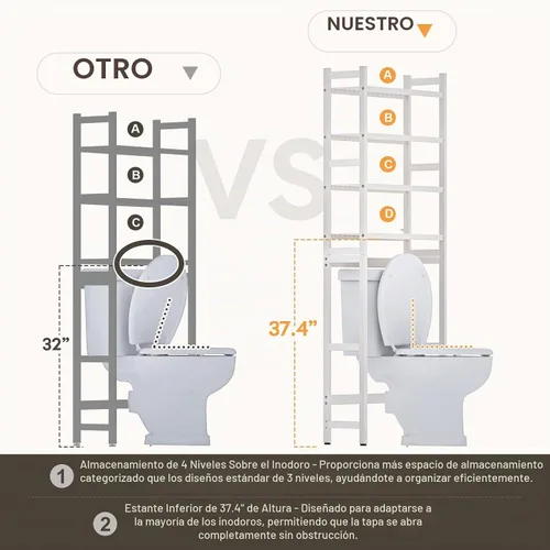 Vista 4 de Homde Estante de almacenamiento para baño sobre el inodoro: bambú ajustable Blanco