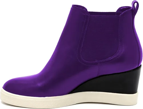 Vista 3 de FOWT Women Leather Wedge Sneaker Chelsea Boots Wide Width Ankle Boot Waterproof High Chunky Heels Short Booties Slip-On Light Rain Shoes Winter Fall