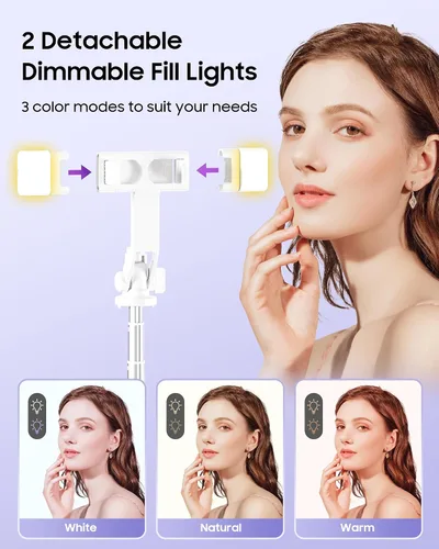 Vista 2 de Trípode para selfie stick de 53 pulgadas con luz, soporte mejorado para teléfono celular de 4 patas, trípode para cámara con control remoto Blanco a
