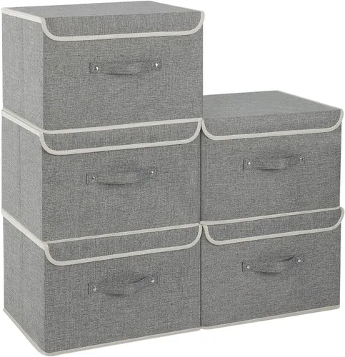 Vista 24 de Cajas de almacenamiento, contenedores de almacenamiento plegables con tapas, cestas de almacenamiento de tela de algodón y lino con asa