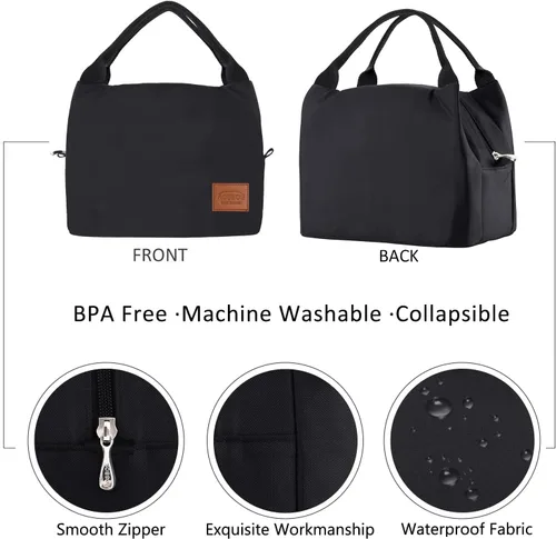Vista 8 de Aosbos Bolsa de almuerzo negra con aislamiento térmico para mujer, lonchera para adultos, lonchera para mujeres, lonchera de mano, bolsa de almuerzo