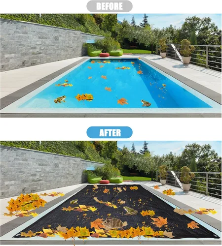 Vista 5 de Redes de hojas de piscina de 14 x 26 pies para piscinas enterradas, cubierta de red de hojas de malla rectangular duradera con ojales y cuerda