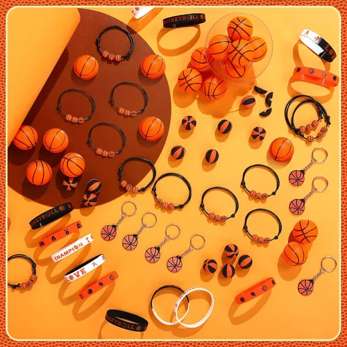 Vista 6 de Aoriher Regalos de fiesta deportiva de baloncesto para niños, 15 juegos de pulseras deportivas de silicona, mini bola antiestrés, llavero temporal