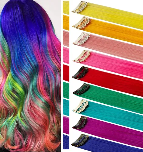 Vista 15 de 12 extensiones de cabello azul con clip en reflejos de 20 pulgadas, extensiones de cabello lacio de color liso con clip para mujer, peluca arcoíris