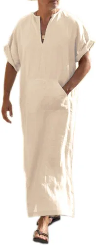 Vista 8 de COOFANDY - Bata de cuello en V de lino para hombre, manga corta, kaftán, thobe, túnica larga, camisa casual para playa, verano 01-Blanco
