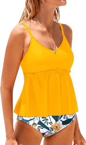 Vista 5 de Daci Women High Waisted Two Piece Tankini Peplum Swimsuits with Shorts Tummy Control Flowy Bathing Suits