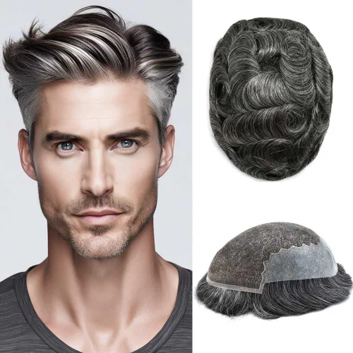 Vista 45 de Mens Toupee Human Hair Replacement System Swiss Lace Toupee For Men Hair Piece Protesis Capilar Mens Hairpiece 5X7#1 Jet Black 120% Density