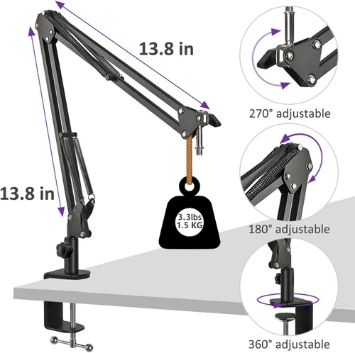 Vista 2 de Brazo ajustable Seiren para micrófono, soporte de micrófono compatible con Razer Seiren X Mini V2 V3 USB Streaming Micrófono para grabación