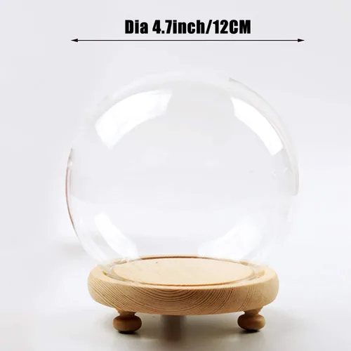 Vista 3 de Cúpula redonda de cristal Cloche Ball Jar Exhibición de mesa con base de madera Diámetro 4.7 pulgadas