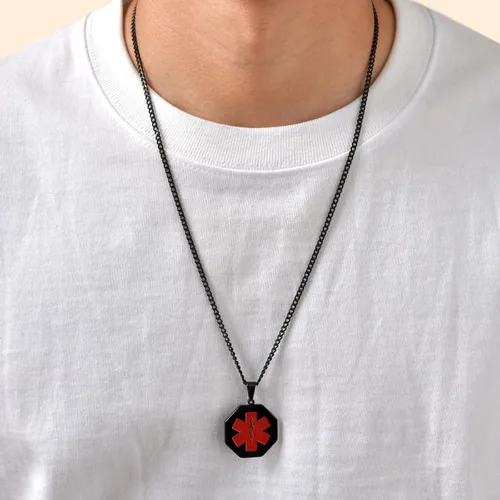 Vista 66 de VNOX Collar con colgante personalizado de acero inoxidable con grabado personalizado para identificación de alerta médica de emergencia para hombres