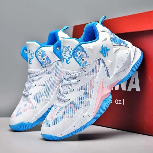 Vista 4 de VAXAV Women's Men's High Top Basketball Shoes Blanco Azul