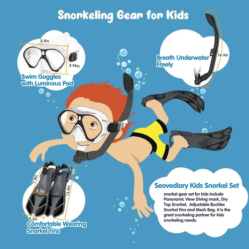 Vista 4 de Seovediary Juego de esnórquel para niños, máscara, aletas, equipo de esnórquel para niños, gafas de natación antiniebla con vista panorámica de 180