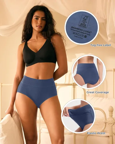 Vista 5 de BAMBOO COOL Ropa interior para mujer, calzones de cintura alta, cobertura completa, suaves y transpirables, paquete de 5