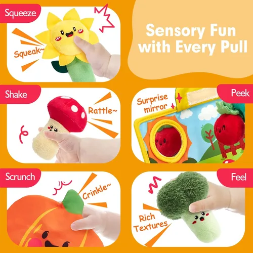 Vista 4 de hahaland Juguetes para bebés de 6 a 12 meses – Frutas Verduras Jardín Planta Granja Peluche 6 Month Old Montessori Sensory Toys Carrot Flower with